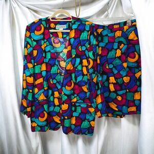 Norton McNaughton Vintage Skirt‎ Suit Set Bright Abstract Print Blazer Woman 14